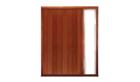 shaker vertical plank pivot: single door + fixed glass on right